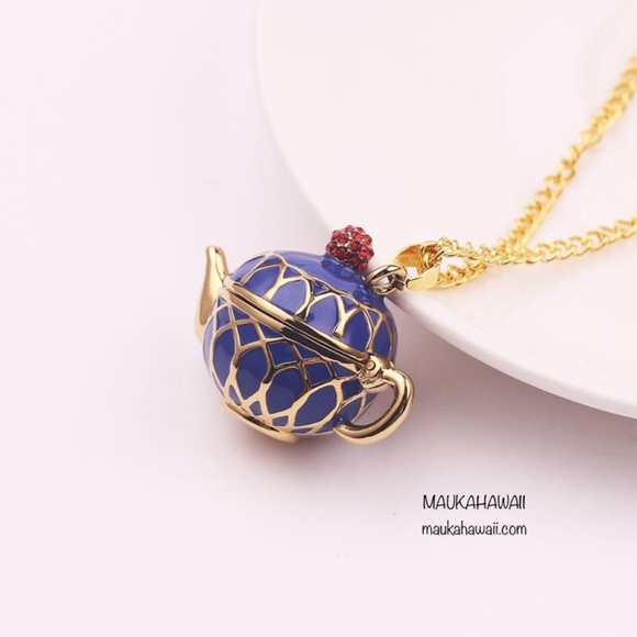 Enamel Blue Teapot Secret Compartment Poison Pill Necklace w 18 in Chain New! - Picture 10 of 14